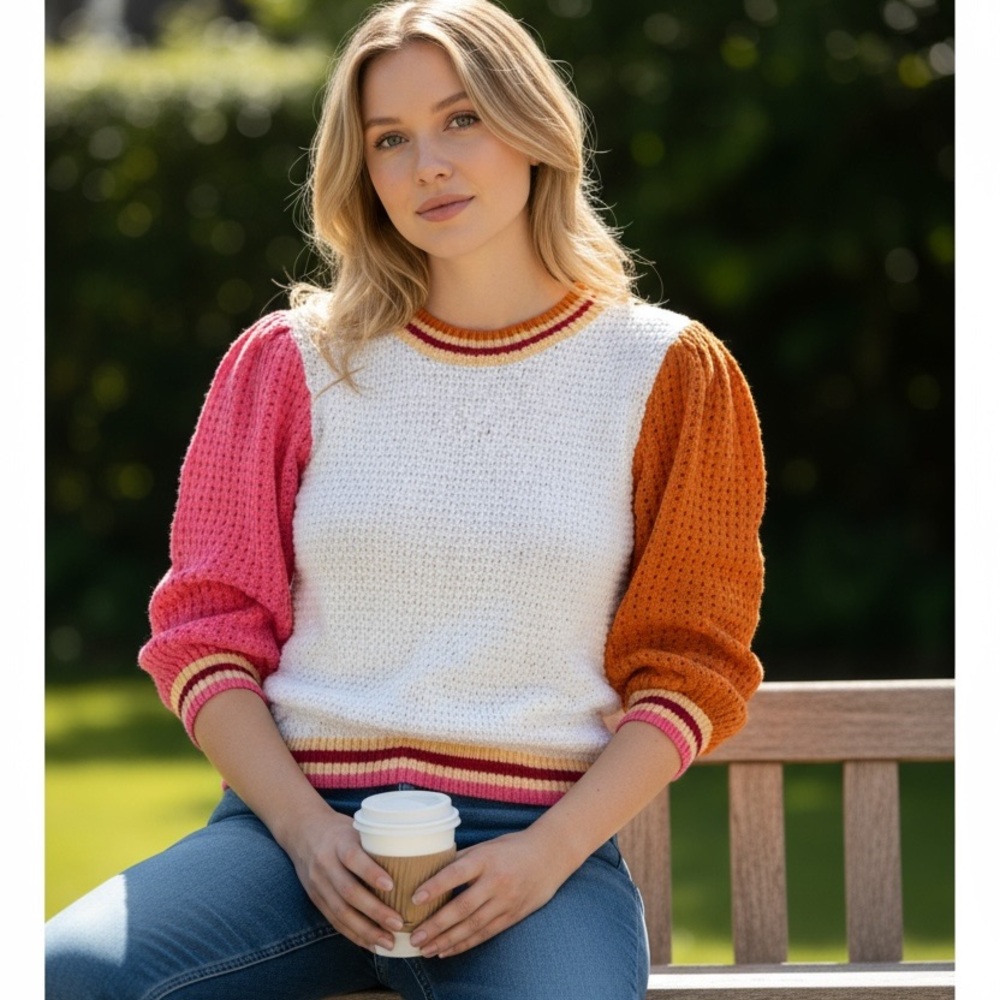 Robertson & Rodeo Color Block Cotton Knit Sweater Top Size L (Fits S/M)